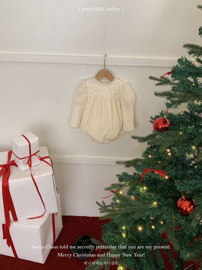 長袖ロンパース レースヨーク パフスリーブ パフボトム ボディスーツ【mh0011545】