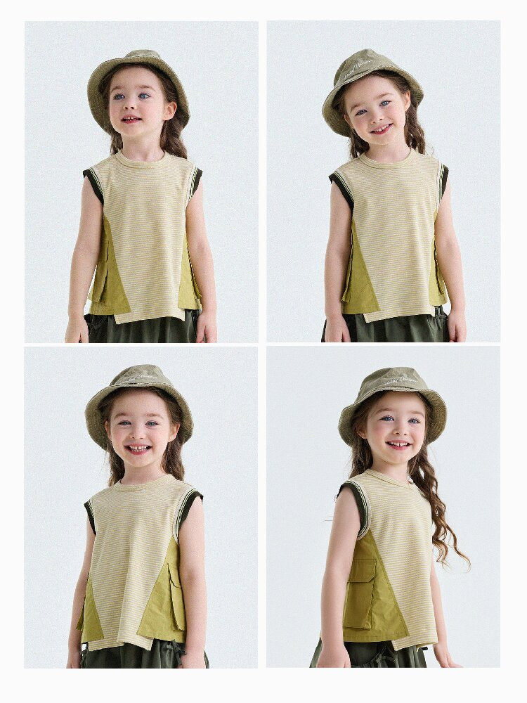 Striped Cargo Vest Cotton T-shirt Camiseta sin mangas de rayas【mh0013203】