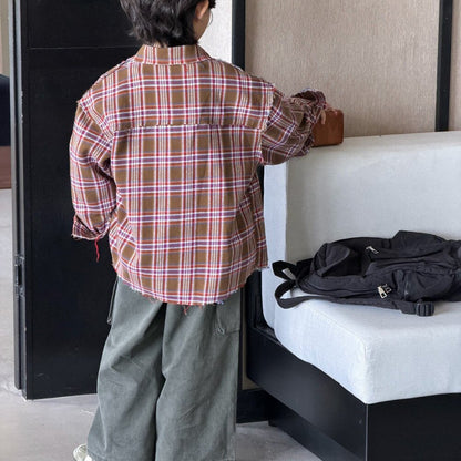 Camisa de manga larga con corte irregular, estampado a cuadros, camiseta de manga larga con letras estampadas y pantalón cargo para niños y jóvenes 【mh0014438】