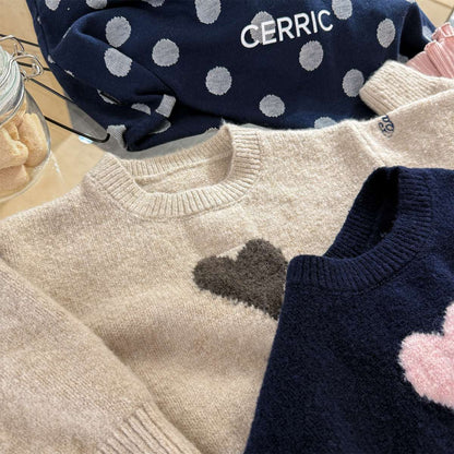 長袖ニット ハート柄プルオーバー クルーネック ゆるシルエット【mh0011432】