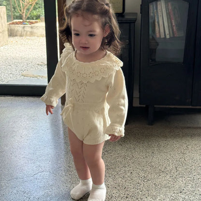 -花柄レース襟付き長袖ニットロンパース【mh0011150】 - mamahalo shop - 長袖ロンパース -  べビー服 - 子供服 - 男の子 - 女の子