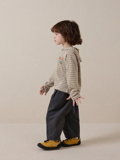 キッズ用ボーダー柄フード付き長袖Tシャツ（ベージュ）横・後ろ