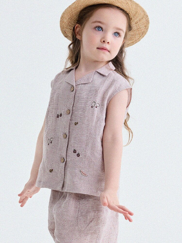 Embroidered Linen Sleeveless Shirt Shorts フルーツ刺繍 ノースリーブシャツ ショートパンツ【mh0013187】