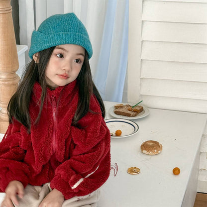 -ボアジャケット アウター ジップアップ 腕ライン 刺繍入り もこもこ素材【mh0011398】 - mamahalo shop - ショートコート・ジャケット・ジャンパー -  べビー服 - 子供服 - 男の子 - 女の子