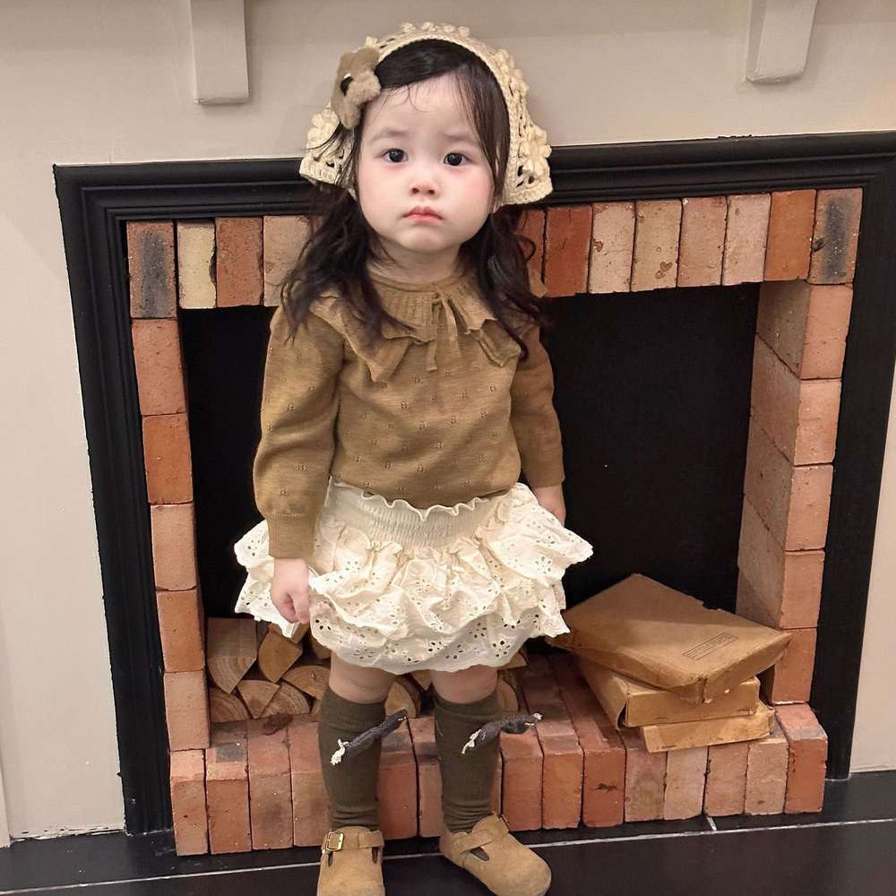 長袖ニットセーター フリルネック プルオーバー レースフリル スカートブルマ【mh0011520】