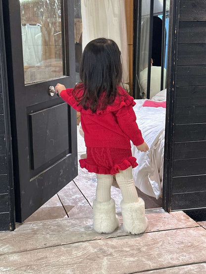 ショール付き長袖ニットセーター +フリルショートパンツ セットアップ 2点セット【mh0011525】