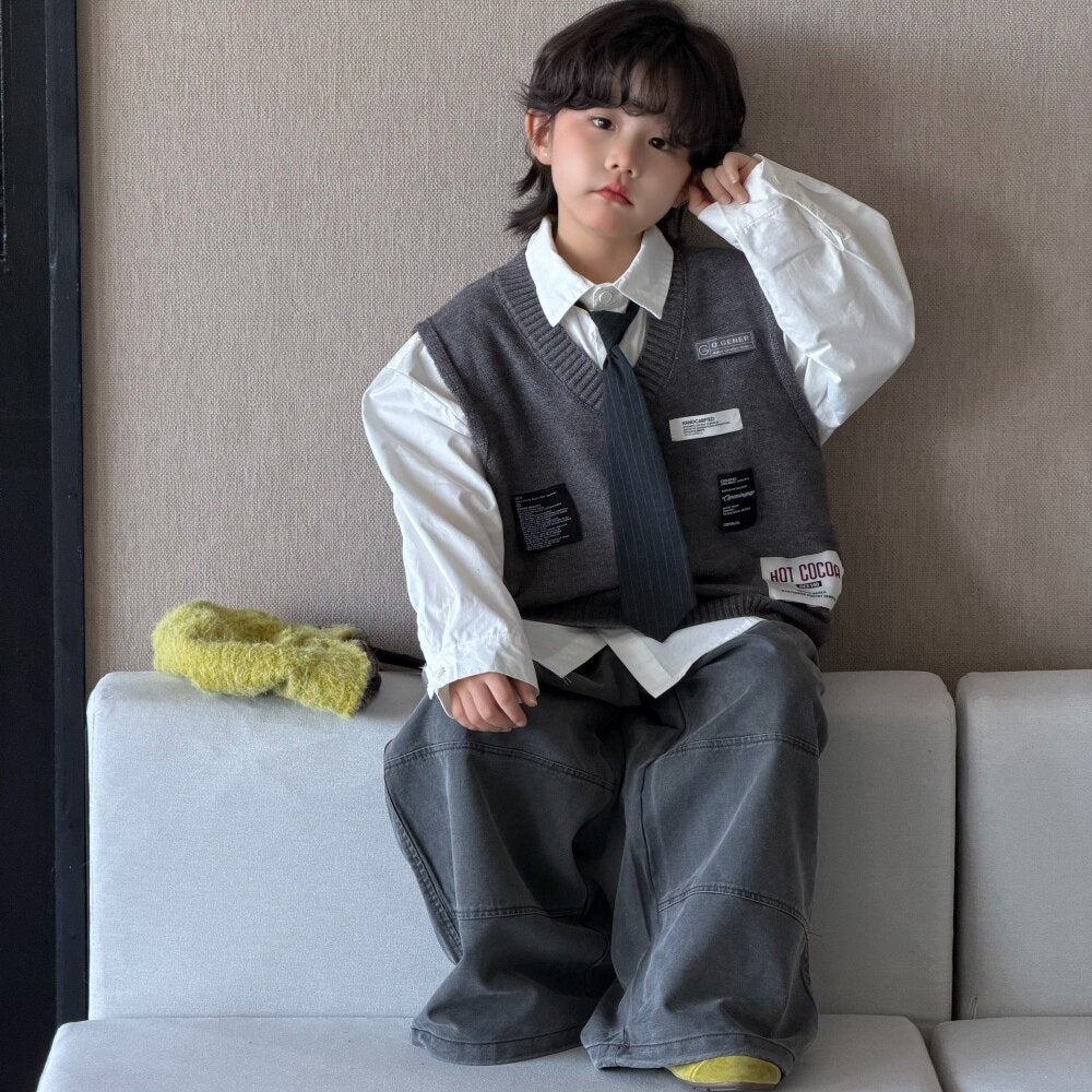 Camisa de manga larga con corbata, chaleco de punto con parche y pantalón ancho para niños y jóvenes 【mh0014435】