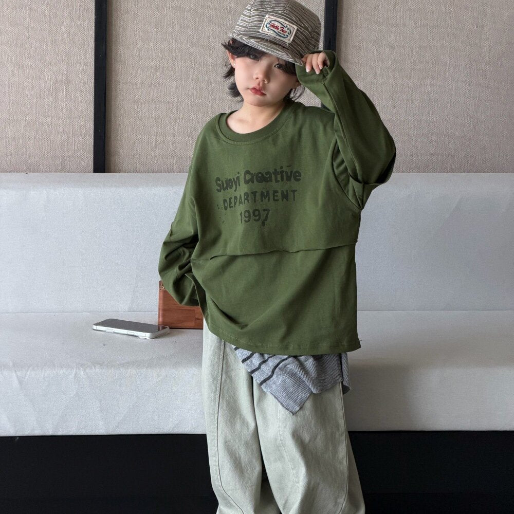 キッズ ジュニア 英字プリント フェイクレイヤード 長袖Tシャツ ワイド デニムパンツ【mh0014437】