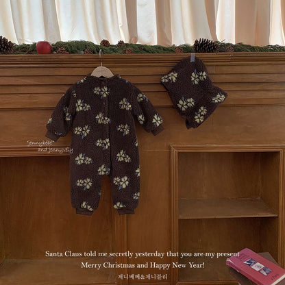 長袖ジャンプスーツ もこもこボア 花柄 カバーオール 帽子セット 暖かい 防寒【mh0011540】