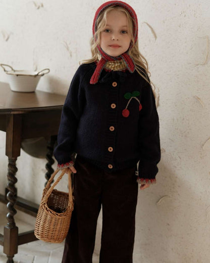 Long-sleeved cardigan with cherry crochet pattern and knit buttons, lightweight wool [mh0011554]