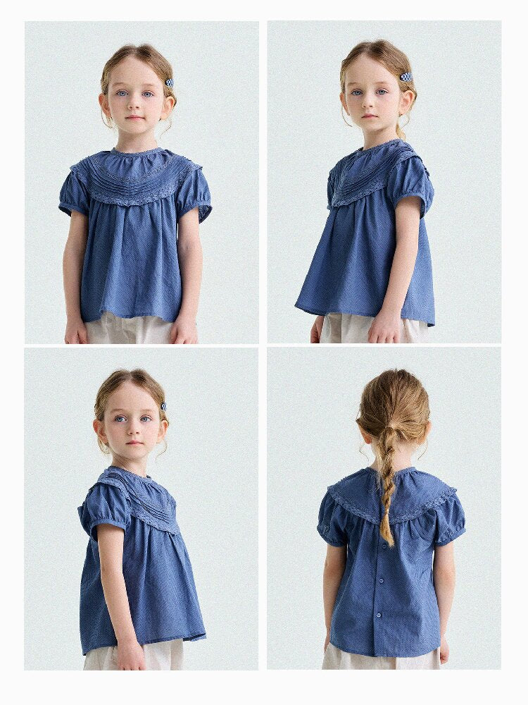 French Lace Puff Sleeve Cotton Shirt レース 半袖ブラウス【mh0013200】