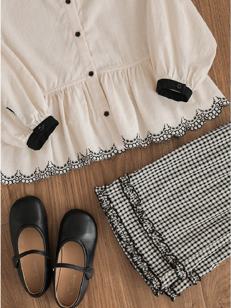 Embroidered Blouse Gingham Pants 裾刺繍 ブラウス ギンガム パンツ セットアップ【mh0012727】