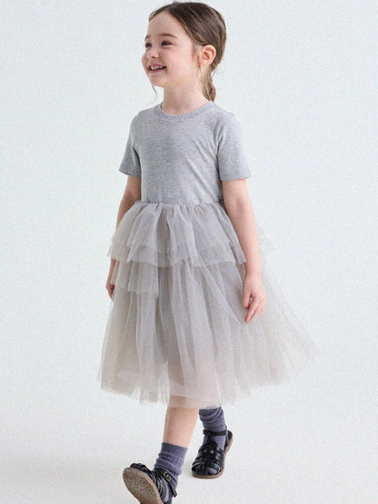 Short Sleeve Tiered Tulle Dress ドッキング 半袖ワンピース【mh0013183】