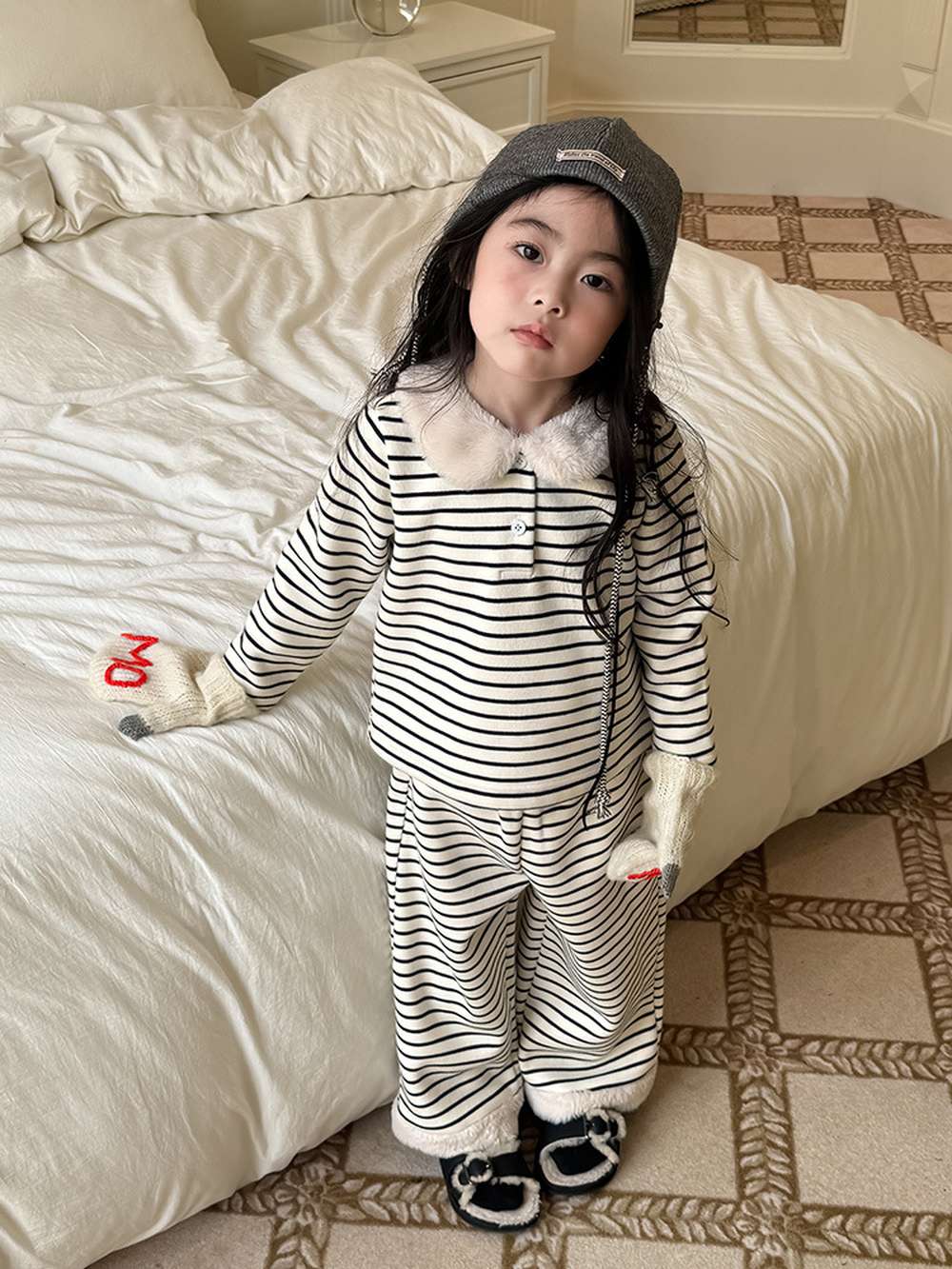 長袖ボアトップス+ロングパンツ 裏起毛ボーダー セットアップ 2点セット【mh0011458】