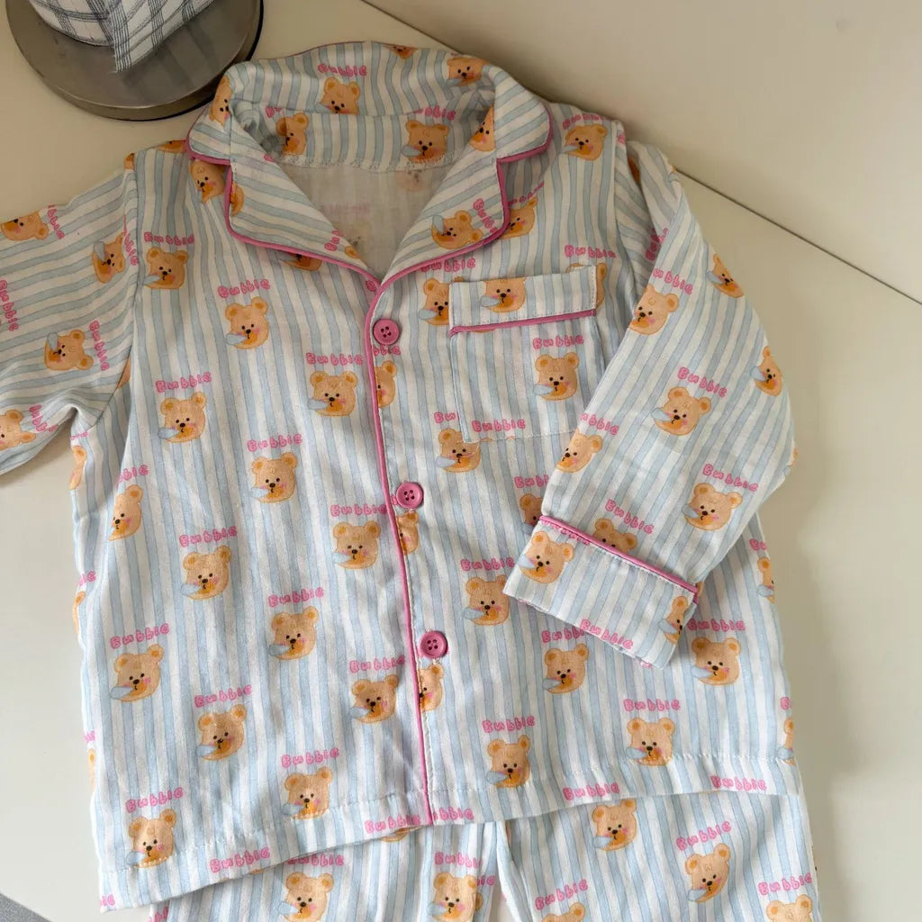 -ストライプくま/リボンプリント長袖パジャマセットアップ 2点セット【mh0011232】 - mamahalo shop - 長袖パジャマ -  べビー服 - 子供服 - 男の子 - 女の子