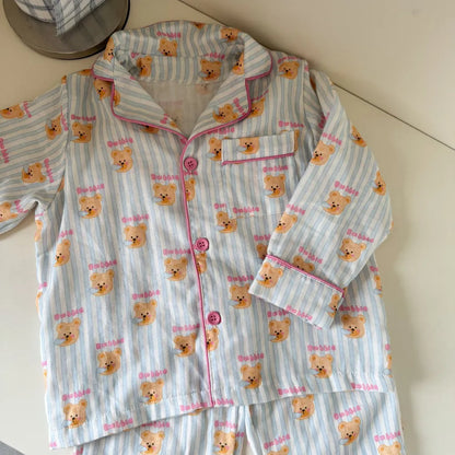 -ストライプくま/リボンプリント長袖パジャマセットアップ 2点セット【mh0011232】 - mamahalo shop - 長袖パジャマ -  べビー服 - 子供服 - 男の子 - 女の子