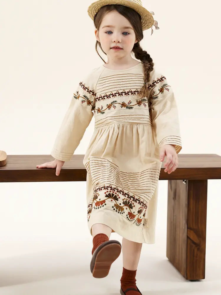 -長袖ワンピース 麻混素材 刺繍 ボヘミアン ギャザー フレア 森ガール【mh0011303】 - mamahalo shop - 長袖ワンピース -  べビー服 - 子供服 - 男の子 - 女の子