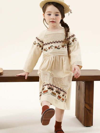 -長袖ワンピース 麻混素材 刺繍 ボヘミアン ギャザー フレア 森ガール【mh0011303】 - mamahalo shop - 長袖ワンピース -  べビー服 - 子供服 - 男の子 - 女の子