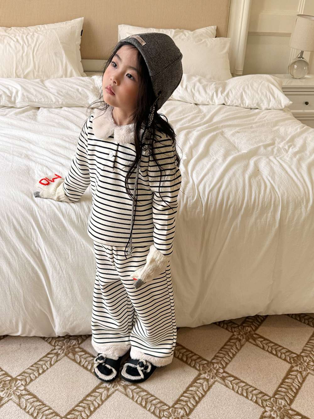 長袖ボアトップス+ロングパンツ 裏起毛ボーダー セットアップ 2点セット【mh0011458】