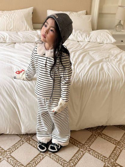 長袖ボアトップス+ロングパンツ 裏起毛ボーダー セットアップ 2点セット【mh0011458】