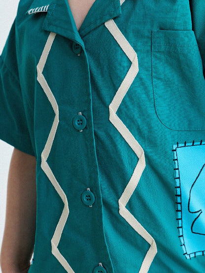 Retro Color-Blocking Short-Sleeved Cotton Shirt レトロ 半袖シャツ【mh0013207】
