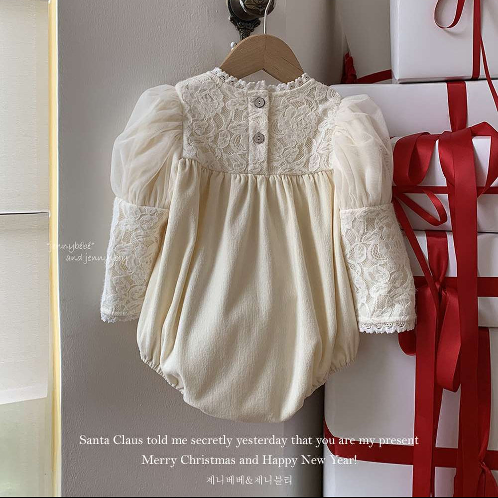 長袖ロンパース レースヨーク パフスリーブ パフボトム ボディスーツ【mh0011545】