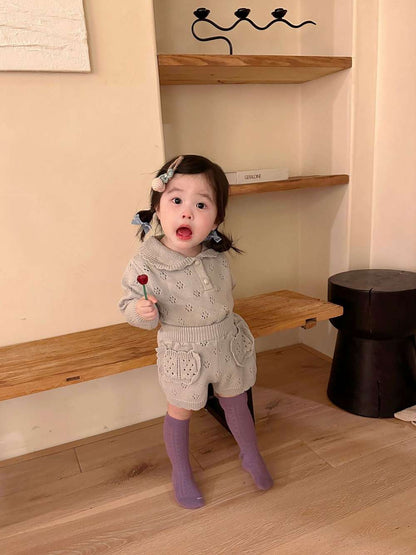 長袖ニットトップス+ショートパンツ 透かし編み レース襟付き セットアップ 2点セット【mh0011511】