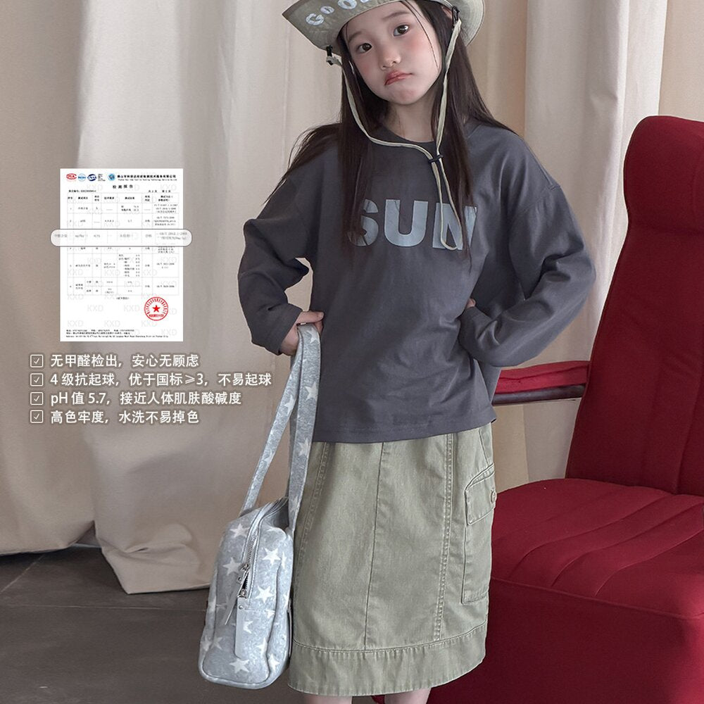 キッズ ジュニア 英字ロゴ プリント クルーネック 長袖Tシャツ【mh0014421】