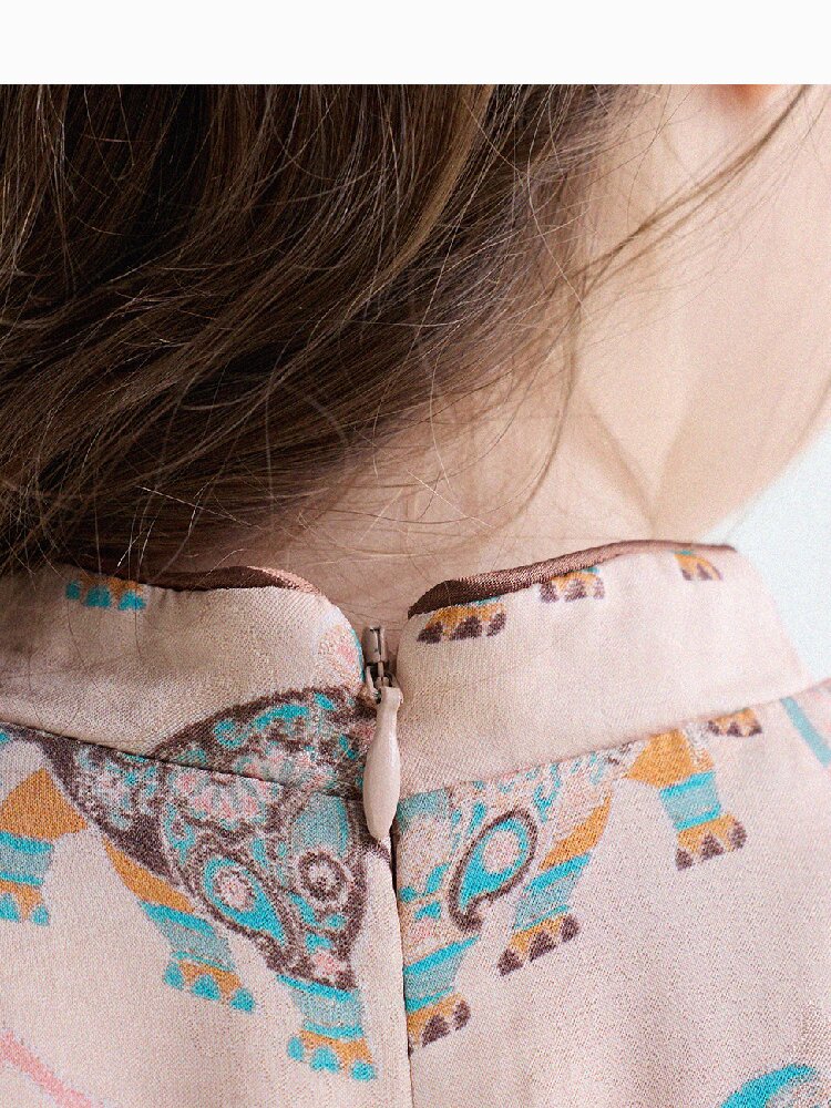 Retro Rabbit Elephant Pattern Stand Collar Dress アニマルプリント 半袖ワンピース【mh0013174】