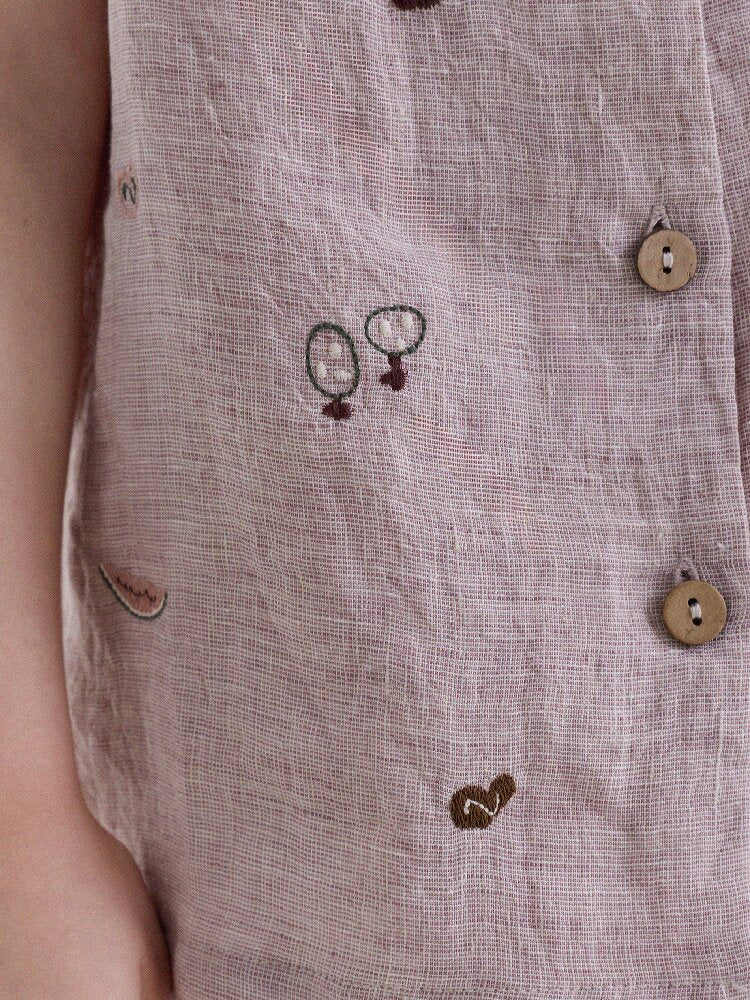 Embroidered Linen Sleeveless Shirt Shorts フルーツ刺繍 ノースリーブシャツ ショートパンツ【mh0013187】