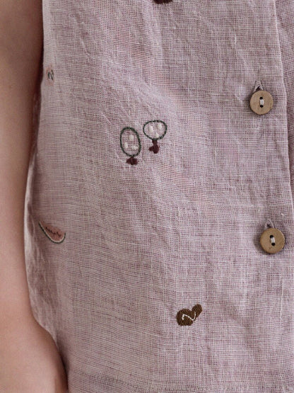 Embroidered Linen Sleeveless Shirt Shorts フルーツ刺繍 ノースリーブシャツ ショートパンツ【mh0013187】