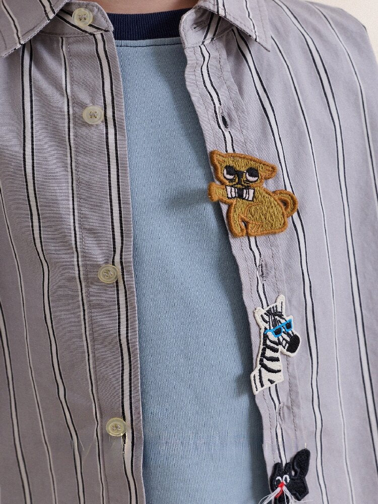 Camisa de manga larga con estampado de rayas y parches de animales para niños y jóvenes [mh0014244]