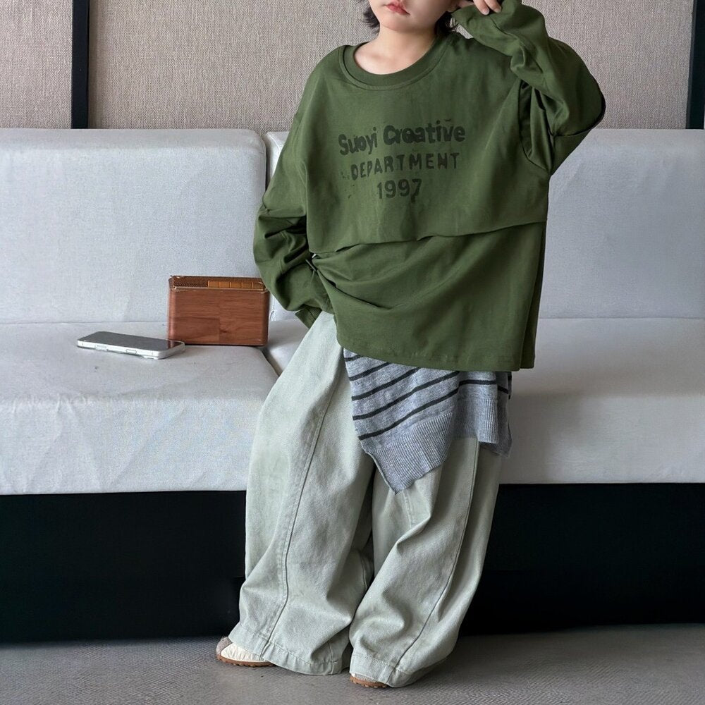 キッズ ジュニア 英字プリント フェイクレイヤード 長袖Tシャツ ワイド デニムパンツ【mh0014437】
