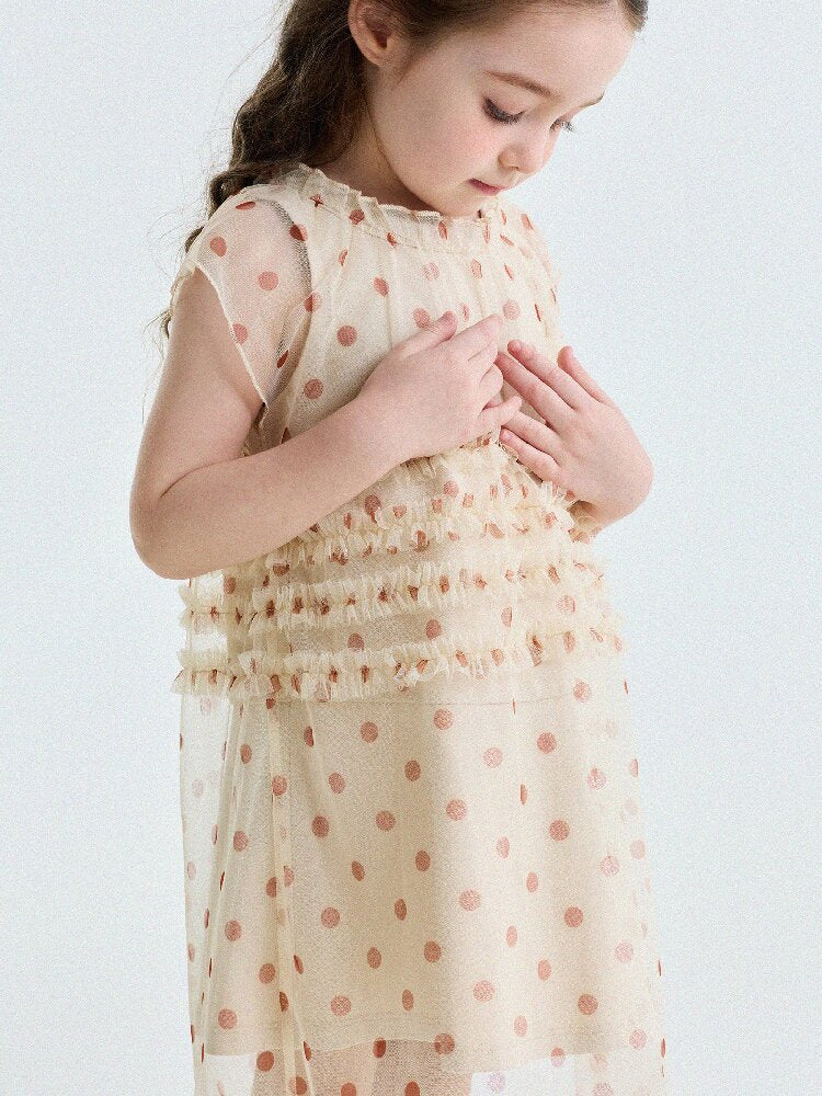 Polka Dot Ruffle Mesh Dress チュール フレンチスリーブワンピース【mh0013199】
