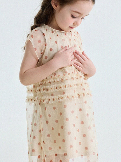 Polka Dot Ruffle Mesh Dress チュール フレンチスリーブワンピース【mh0013199】