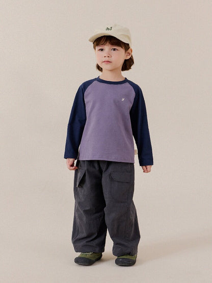 キッズ バイカラー ラグランTシャツ、パープル×ネイビー長袖