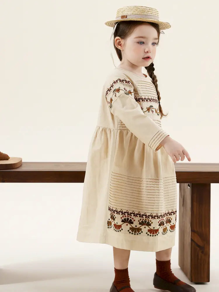 -長袖ワンピース 麻混素材 刺繍 ボヘミアン ギャザー フレア 森ガール【mh0011303】 - mamahalo shop - 長袖ワンピース -  べビー服 - 子供服 - 男の子 - 女の子