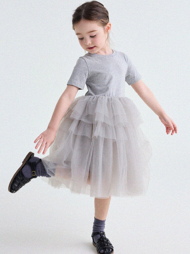 Short Sleeve Tiered Tulle Dress ドッキング 半袖ワンピース【mh0013183】
