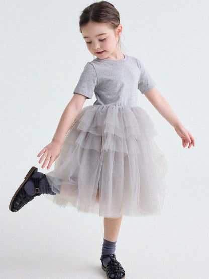 Short Sleeve Tiered Tulle Dress ドッキング 半袖ワンピース【mh0013183】
