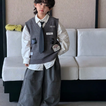 Camisa de manga larga con corbata, chaleco de punto con parche y pantalón ancho para niños y jóvenes 【mh0014435】