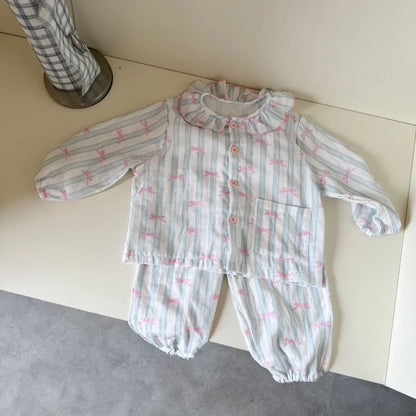 -ストライプくま/リボンプリント長袖パジャマセットアップ 2点セット【mh0011232】 - mamahalo shop - 長袖パジャマ -  べビー服 - 子供服 - 男の子 - 女の子