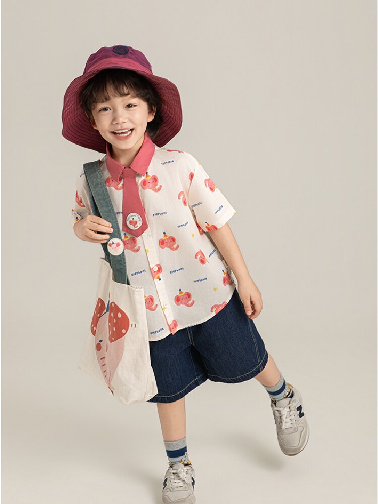 Elephant Whale Shirt ネクタイ付 アニマル 半袖シャツ【mh0012735】
