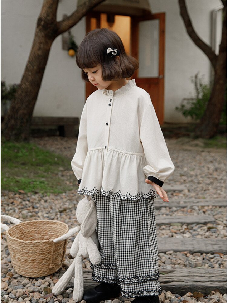 Embroidered Blouse Gingham Pants 裾刺繍 ブラウス ギンガム パンツ セットアップ【mh0012727】