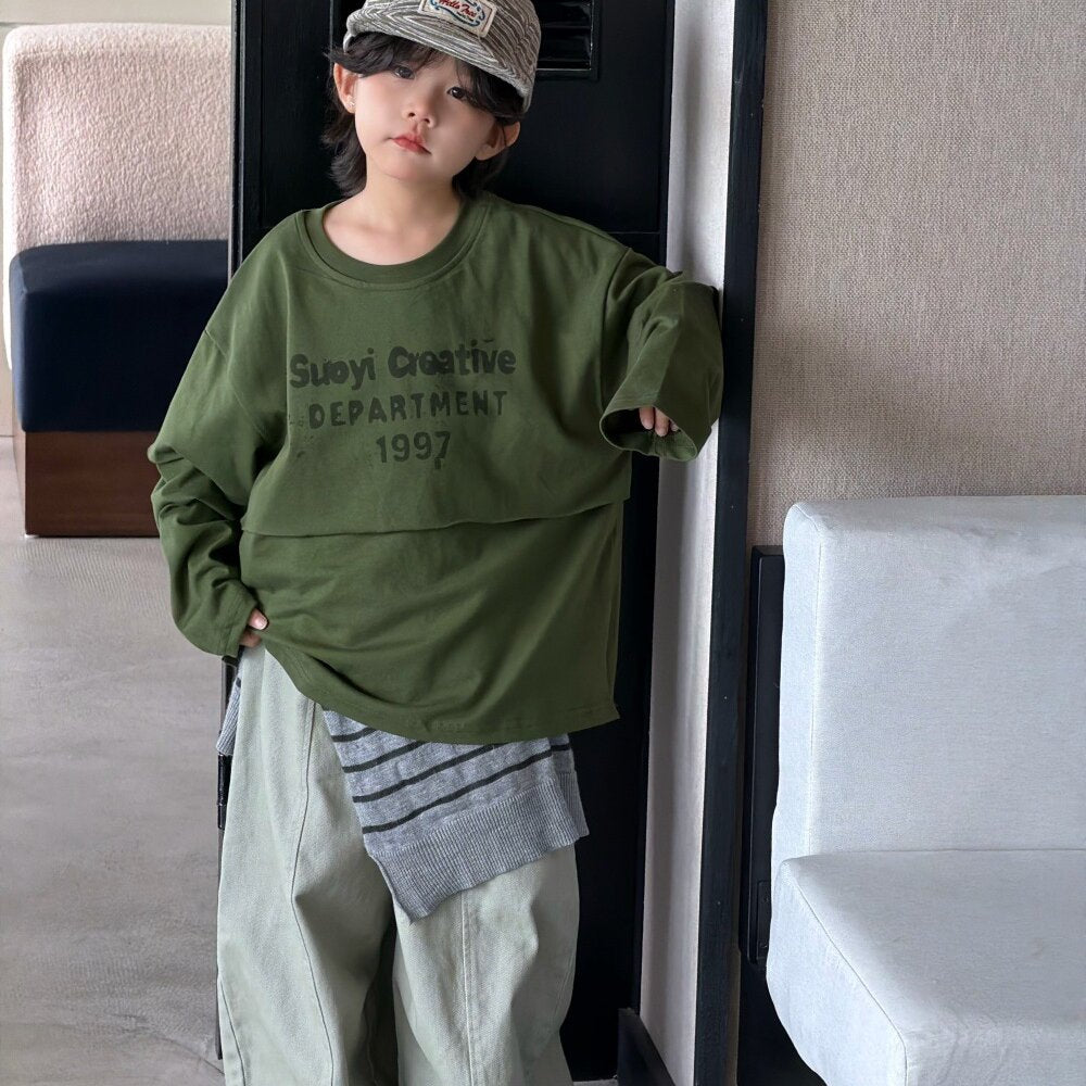 キッズ ジュニア 英字プリント フェイクレイヤード 長袖Tシャツ ワイド デニムパンツ【mh0014437】