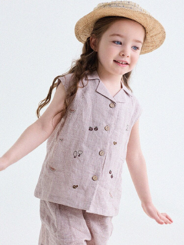 Embroidered Linen Sleeveless Shirt Shorts フルーツ刺繍 ノースリーブシャツ ショートパンツ【mh0013187】