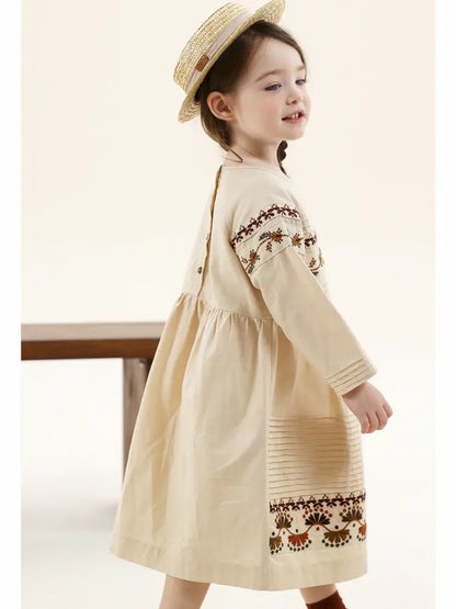 -長袖ワンピース 麻混素材 刺繍 ボヘミアン ギャザー フレア 森ガール【mh0011303】 - mamahalo shop - 長袖ワンピース -  べビー服 - 子供服 - 男の子 - 女の子