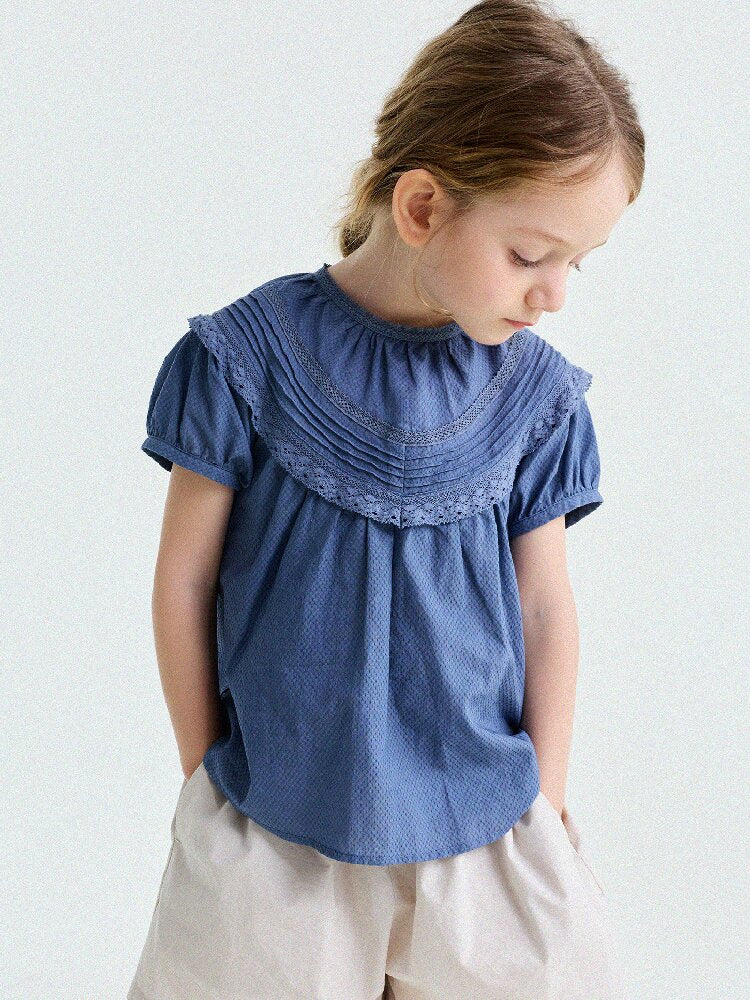 French Lace Puff Sleeve Cotton Shirt レース 半袖ブラウス【mh0013200】