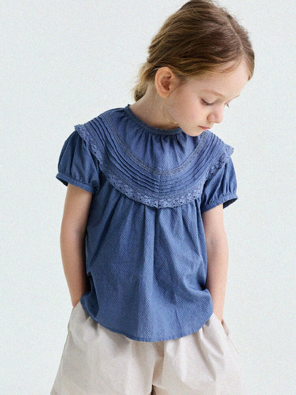 French Lace Puff Sleeve Cotton Shirt レース 半袖ブラウス【mh0013200】