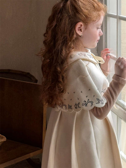 Ribbon embroidered cape + box pleated dress set (2-piece set) [mh0011452]