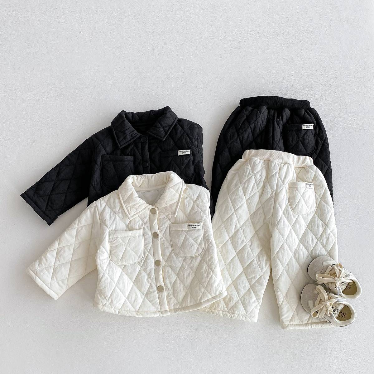 -長袖キルティングジャケット+パンツ セットアップ 2点セット 防寒 中綿ダイヤ柄【mh0011387】 - mamahalo shop - 長袖セットアップ -  べビー服 - 子供服 - 男の子 - 女の子